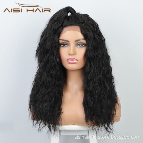 Aisi Hair New Design Long Wavy Natural Black Wig With Ponytail Swiss Lace Wig Body Wave Synthetic Hair Wigs For Women
